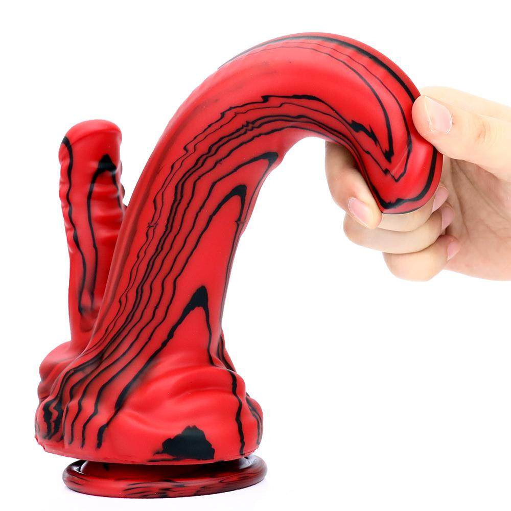 Rotschwarzer Silikon-Monsterdildos, Fantasie-Pferde-/Hundedildo mit Knoten, riesiger Schwanz, dicker Analpenis mit starkem Saugnapf