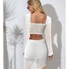 Versatile European and American Women's Clothing Low-Cut Sexy Cut Out Long Sleeves Midriff-Baring Top Asymmetrical Skirt Knitting Suit