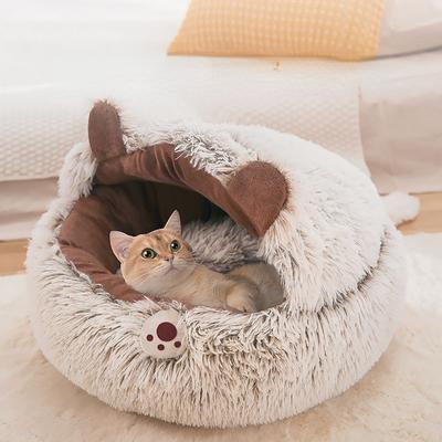 Inverno Longo Pelúcia Pet Cat Cama Redonda Gatos Almofada Casa 2 Em 1 Cesta Quente Saco De Dormir Ninho Canil Para Cão Pequeno