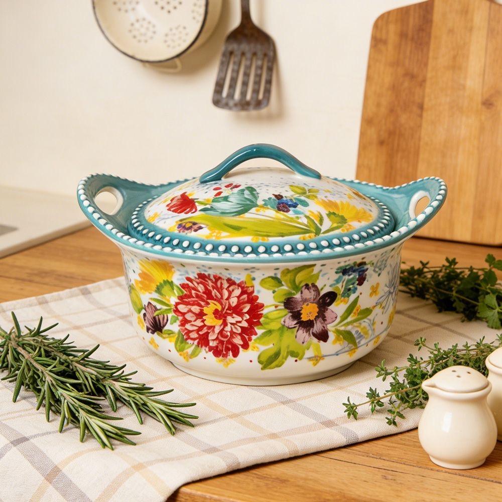 Große Keramik-Suppenschale mit Henkeln, Unterglasur, floral – Haus-Essgeschirr, Nudelschale