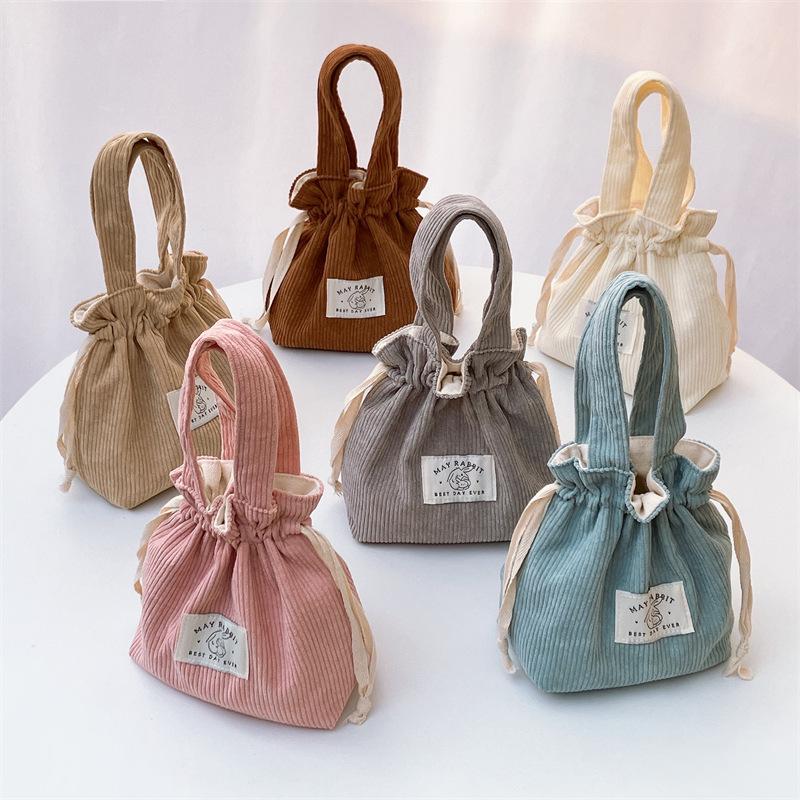 Vintage Damen-Kord-Handtasche Lässige Zugbeuteltasche Unifarbene Geldbörse Aufbewahrungstasche Kosmetiktasche