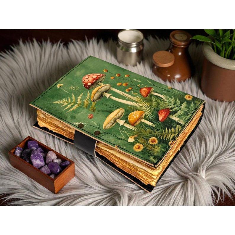 400 Page Large Grimoire Vintage Mushroom leather journal, Handmade Antique Deckle Edge Paper Spell Book of Shadows Journal for gifts