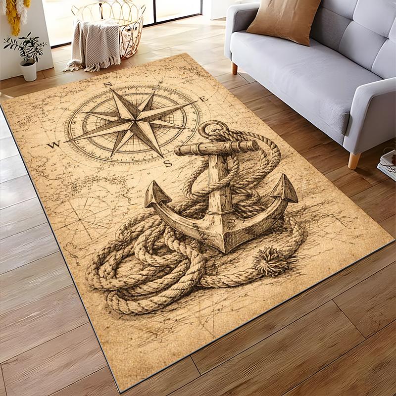 Vintage Nautical Map with Anchor Design Rug Non-slip rug suitable for living room and bedroom sofas