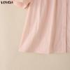 VONDA Wemen Casual Round Neck Puff Sleeve Embroidery Hem Buttons Blouse
