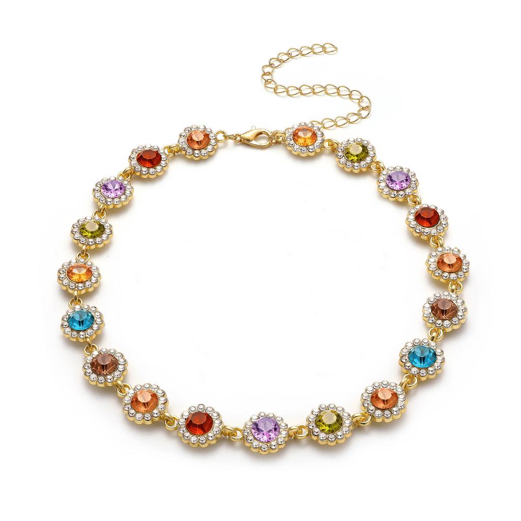 2pcs Set Luxury Temperament Colored Zircon Flower Bracelet Necklace Set for Women Trendy Personality Birthday Party Jewelry Sets
