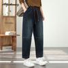 Korean Style Thick Fleece Winter Women Warm Jeans High Waist Vintage Casual Loose Denim Trousers Retro Patchwork Dark Blue Jeans