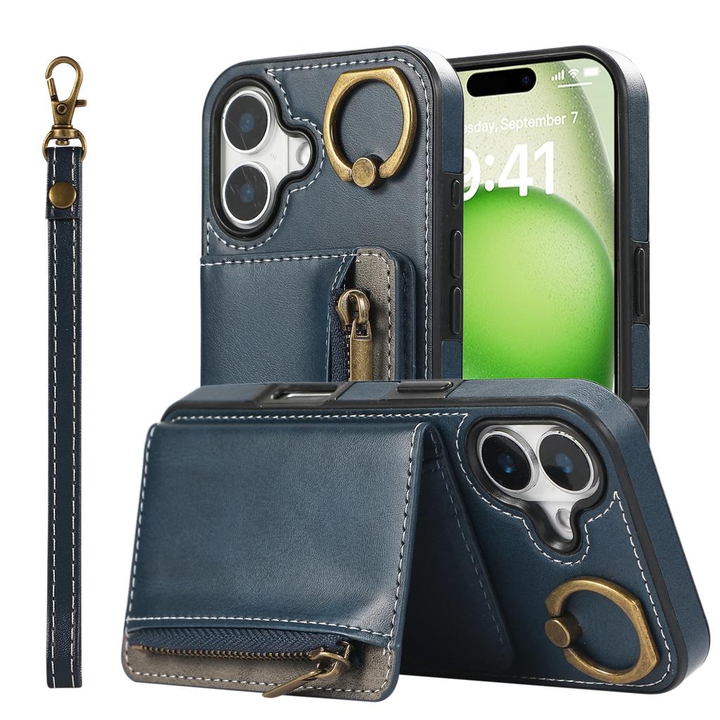 Luxury Leather Card Bag Slot Phone Case for IPhone 16 15 14 16E 13 12 17 Pro Max Plus Cases Stand Sleeve Cover with Wrist Band