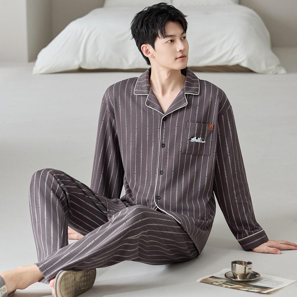 Men's 100% Cotton Striped Long Sleeve Pajamas - Trendy Korean Style for Spring