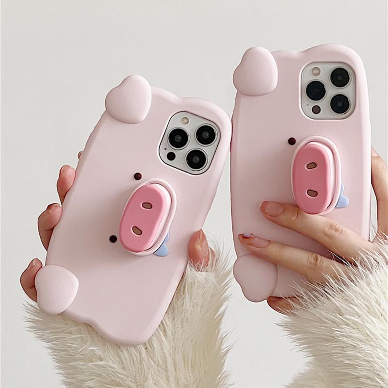 Fun 3D Pink Saliva Pig Nose Invisible Bracket Case For For Iphone 13 14 1 16 17 Pro Max Cute Creative Holder Stand Shockproof Cover
