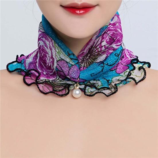 Scarf Painting Print Imitation Pearl Durable Ruffle Edge Lady Headscarf for Banquet