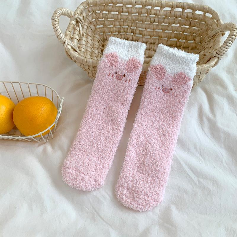 Winter Coral Fleece Socks Female Cartoon Cute Plush Thickened Sleeping Socks Female Medium Tube Floor Confinement Socks Female