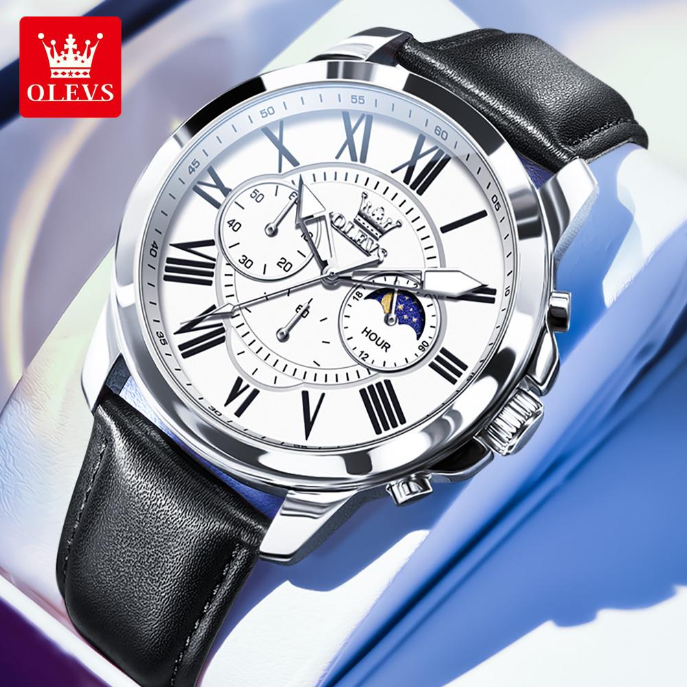 Men's Sports Timing Waterproof Luminous Moon Phase Quartz Watch Three Eye Dial Holiday Gift Business Watch