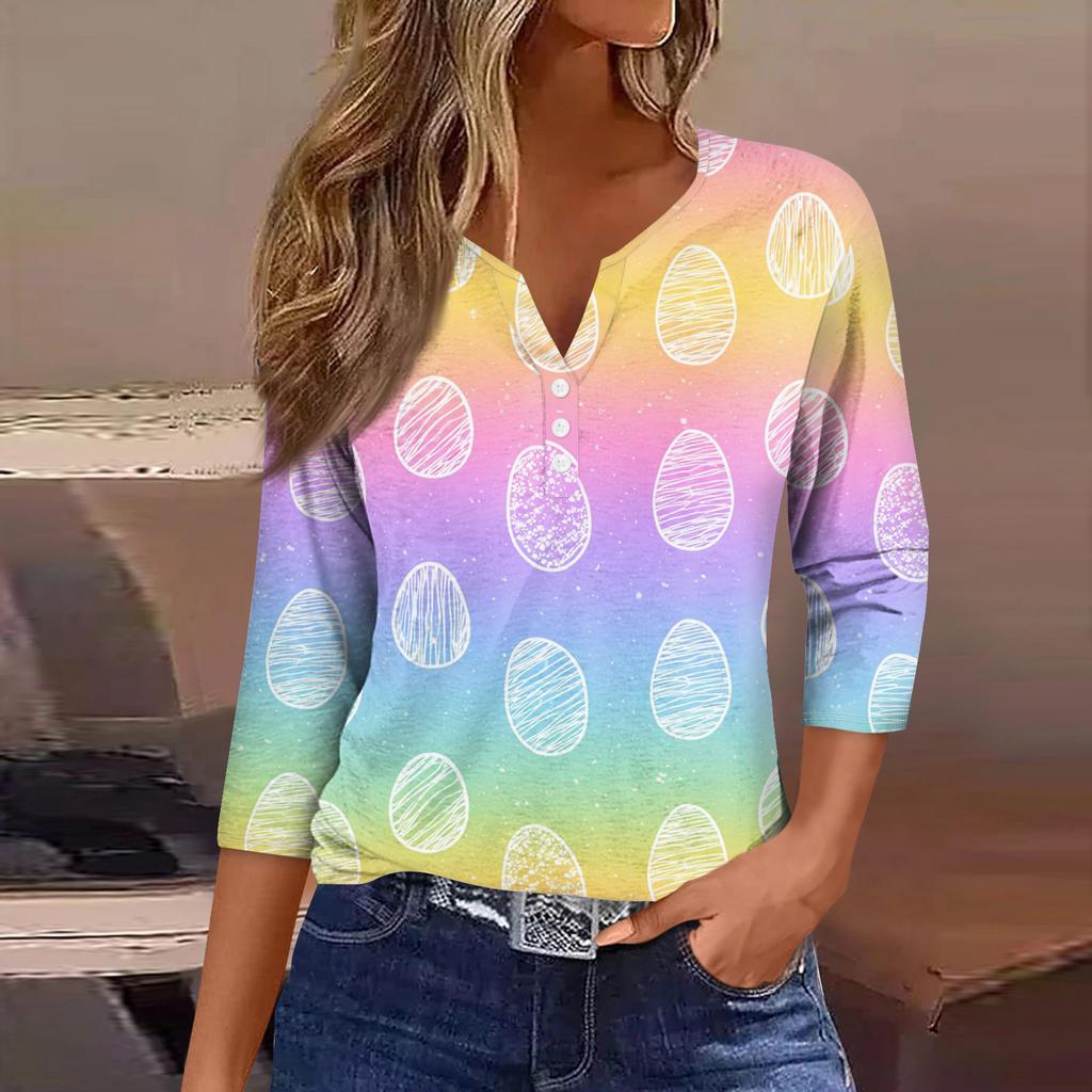 Women's Fashion Casual Easter Printed V-neck Short Sleeve Decorative Button Seven Sleeve T-shirt Top
