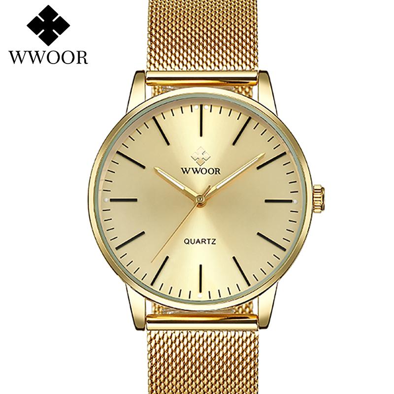 WWOOR Gold Watches Ultra Thin Simple Men Quartz Watches Waterproof Mesh Belt Full Stainless Steel Wristwatch
