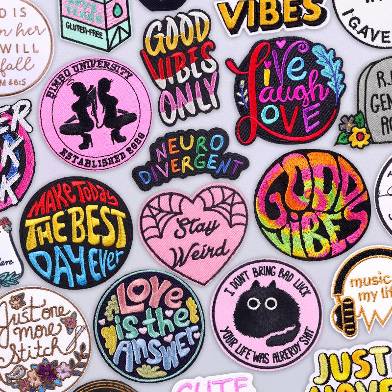 Feminist Good Vibes Embroidery Patch Iron On Positive Empowerment Slogan Fusible Patch for Jacket Vest Uplifting Daily Decor