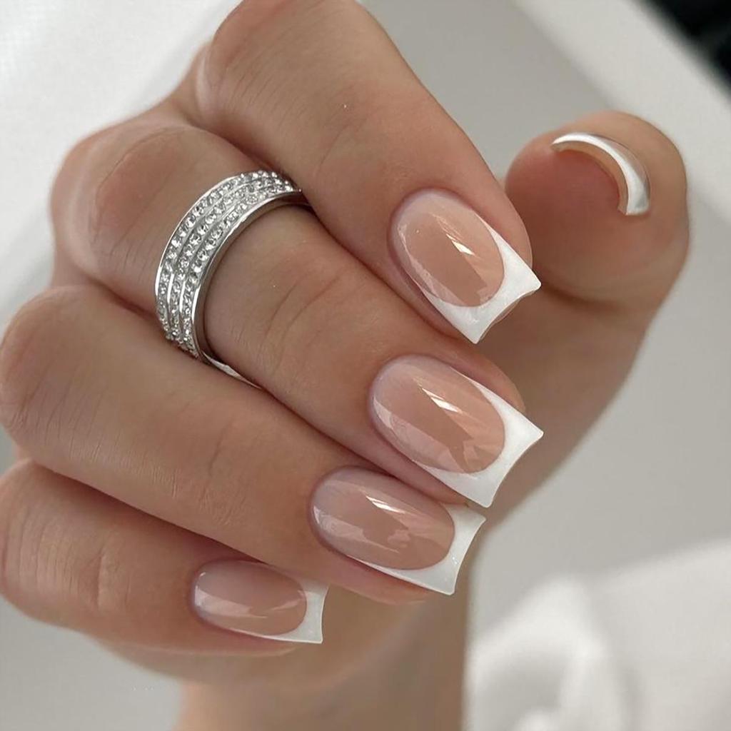 Nude Press-On Nails with White Edges – Simple Rectangular Nail Tips and Stickers
