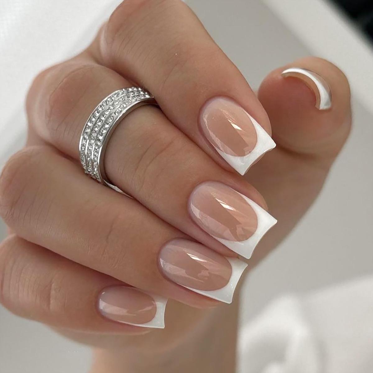 

Nude Press-On Nails with White Edges – Simple Rectangular Nail Tips and Stickers JP2812 [Glue Type]