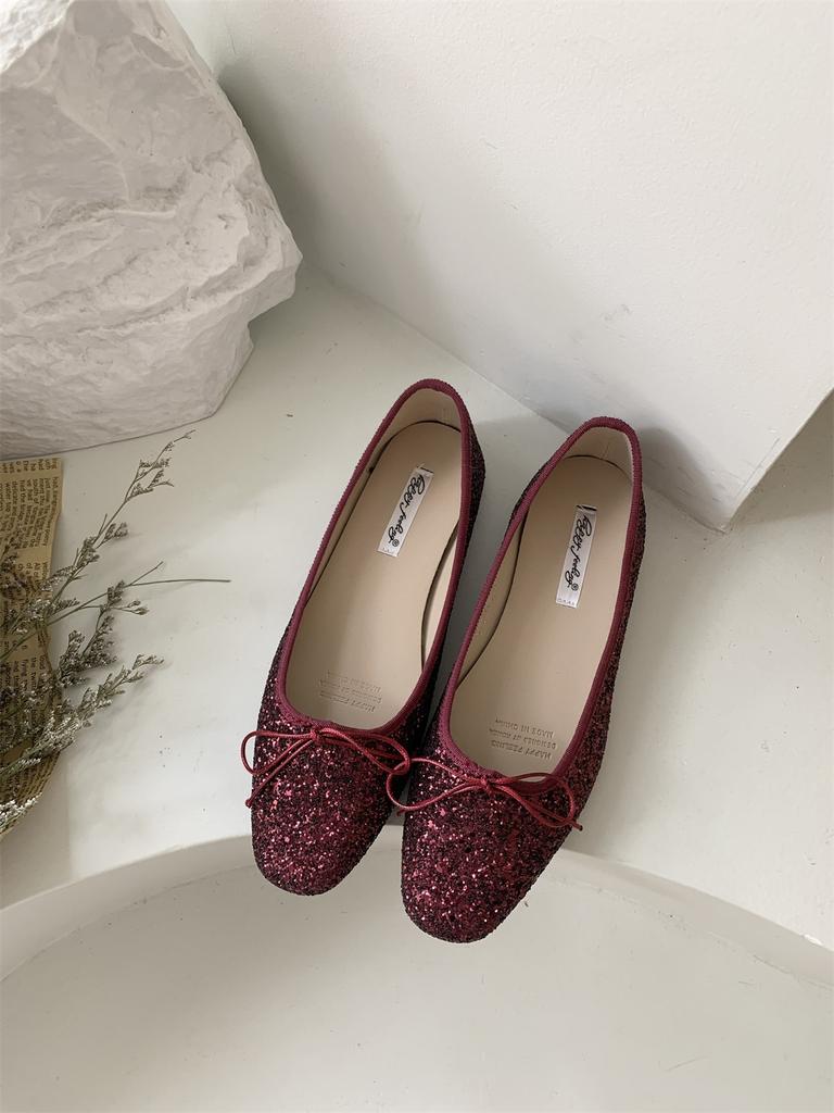 Fairy shoes gentle single shoes spring 2025 new shallow mouth round head bow sequined soft sole one pedal Doudou shoes