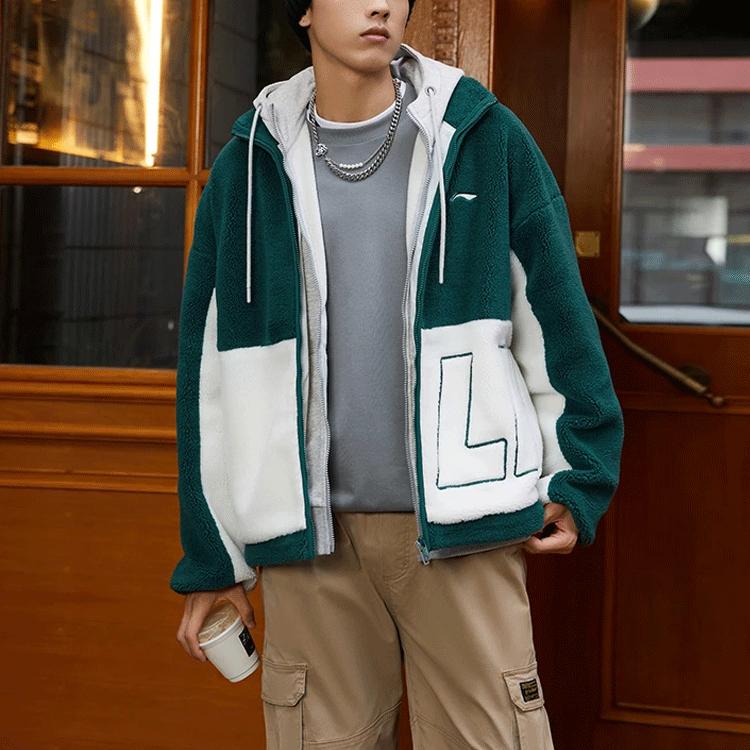 Li-Ning Large Logo Color Block Sherpa Fleece Warm Jacket Unisex Jacket Dark-Green AFDR910-2