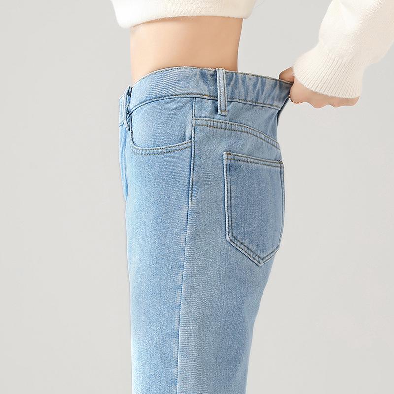 Women s High-Waisted Elastic Waist Straight-Leg Velvet-Lined Cropped Jeans L