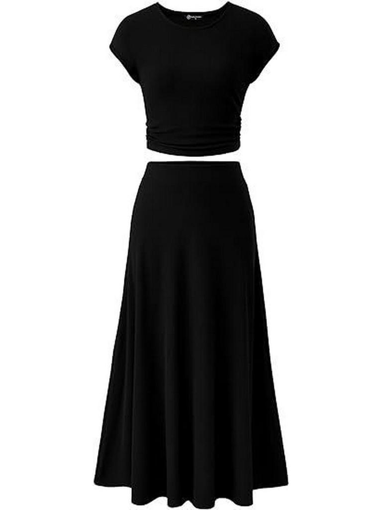 2025 Summer European-American Casual Knit Crop Top & High Waist Midi Skirt Set