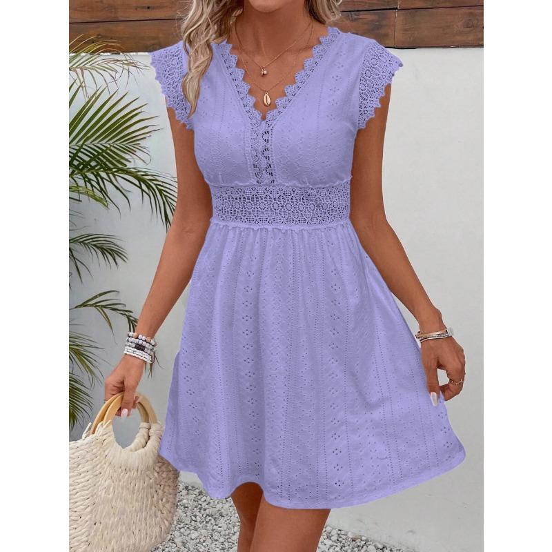 Spot - European and American Summer Popular Lace Splicing V-neck Shoulder Ruffle Edge Sleeveless Dress
