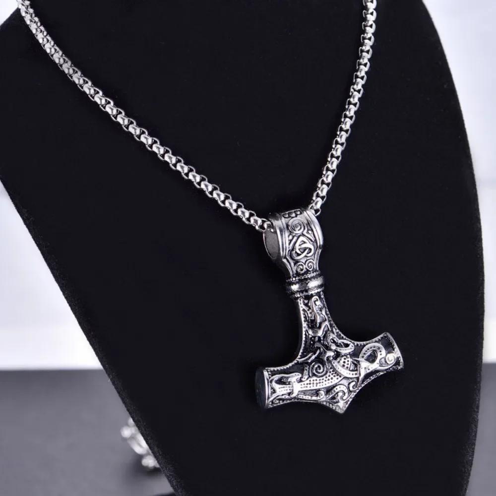 Norse Vikings Thor's Hammer Mjolnir Scandinavian Rune Amulet Necklace Stainless Steel Chain Vegvisir Anchor Pendant Male Jewelry