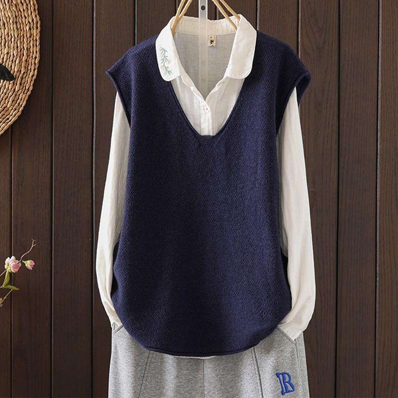 Womens Artistic Knit Vest Deep V Neck Loose Fit Sleeveless Sweater Layering Piece