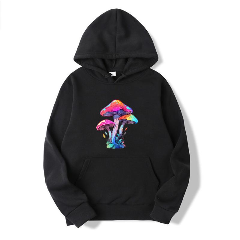 Women's Spring and Autumn Colorful Mushroom Print Hooded Sweatshirt Casual Long-sleeved Pullover