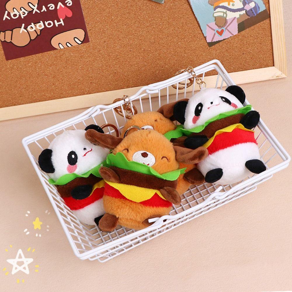 

Fluffy Panda Plush Keychain Soft Dog Pendant Creative Hamburger Puppy Doll Unisex