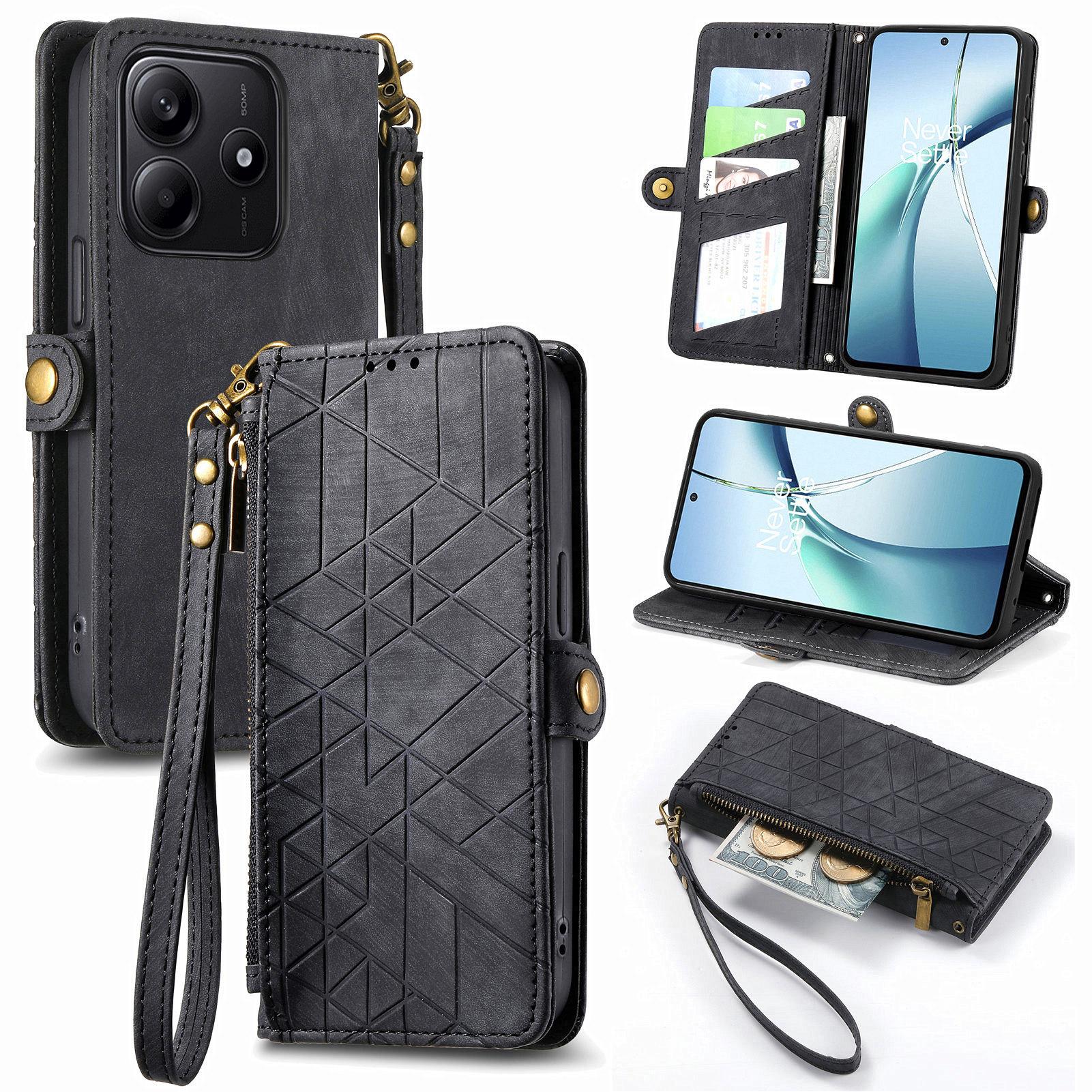 

For Xiaomi Redmi Note 14 5G Case Zipper Wallet Geometry Lines Leather Phone Cover Black