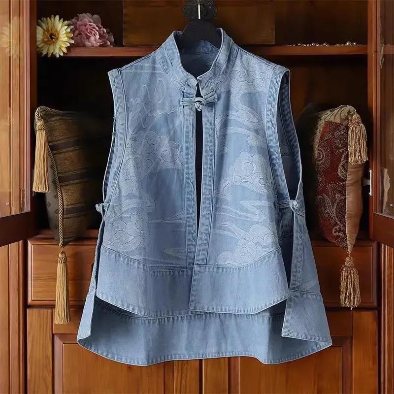 

Ethnic Chinese Style Buckle Spring Summer Denim Vest Wearing Plus Size Cheongsam Blouse Sleeveless Cardigan Coat Female 2XL синій