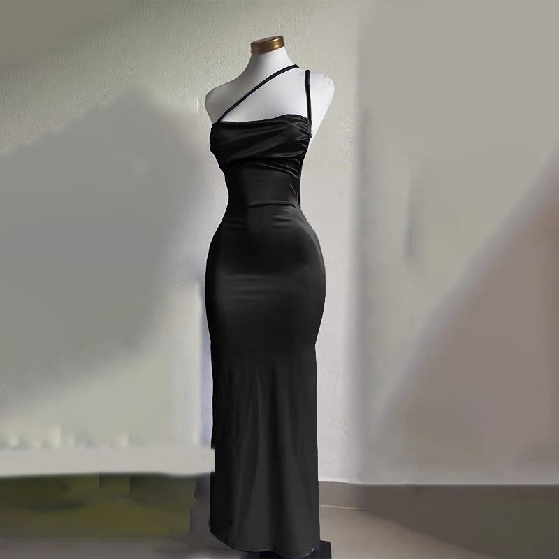 

Satin Women s Dress Summer New High-end Y2K Sexy Suspender Hot Girl Evening Dress Elegant Split Fashion Solid Color Slim Fit Party Female Dresses XL чорний