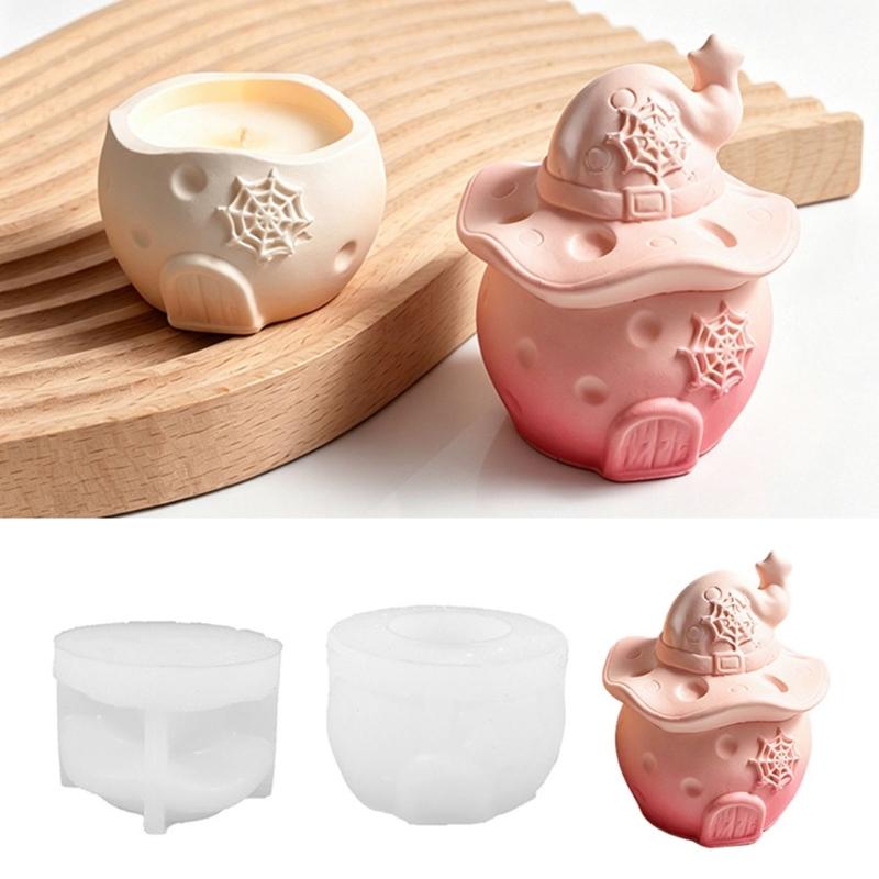 Witch Hat Silicone Candle Container Mould with Lid for Resin Casting, Mushroom House Silicone Mould for Halloween Decoration Storage Box Jewelry