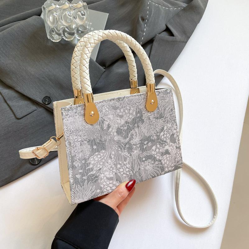 Pink Floral Jacquard Mini Tote Bag For Women Elegant Style Top Handle Crossbody Bag With Woven Handle And Detachable Strap