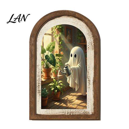 Halloween Entrance Cabinet Decor Ghost/Witch Arched Wall Decor, Cute Ghost Table Sign, Rustic Farmhouse Shelf Retro Room Decorative Hanging