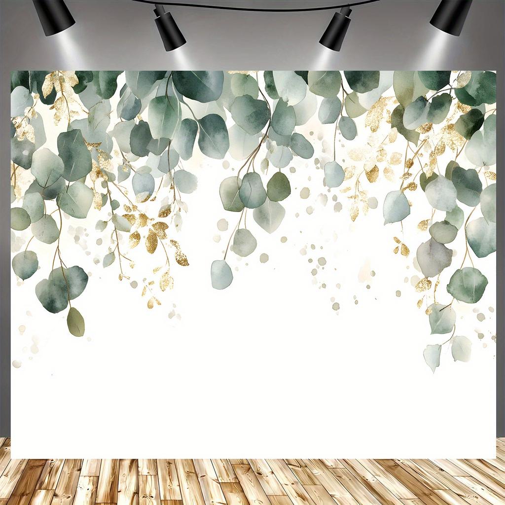 2D Plane Eucalyptus Leaf Background Fabric Featuring Green and Golden Plant Leaves Suitable for All Seasons Polyester Fiber