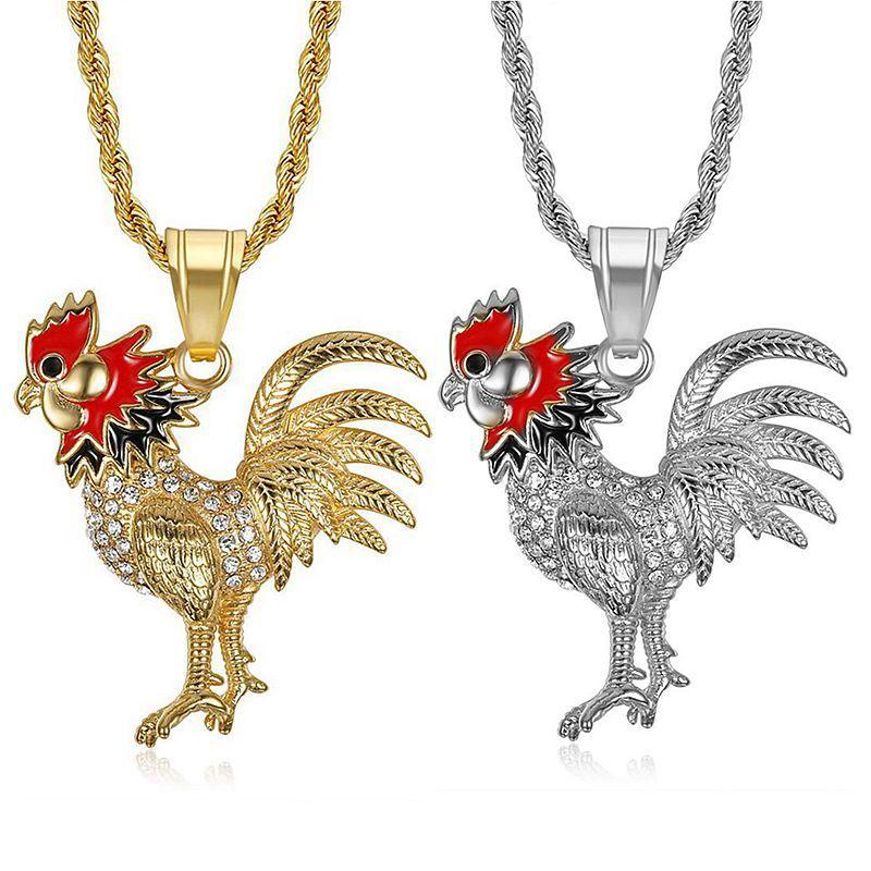 Stainless Steel Titanium Hip Hop Bling Chicken Cock Animal Pendant Collar Chains Punk Necklace for Men Women Gift Jewelry