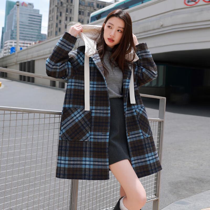 Sancai Women's Plus Size Hooded Plaid Faux Two-Piece Down & Wool Coat