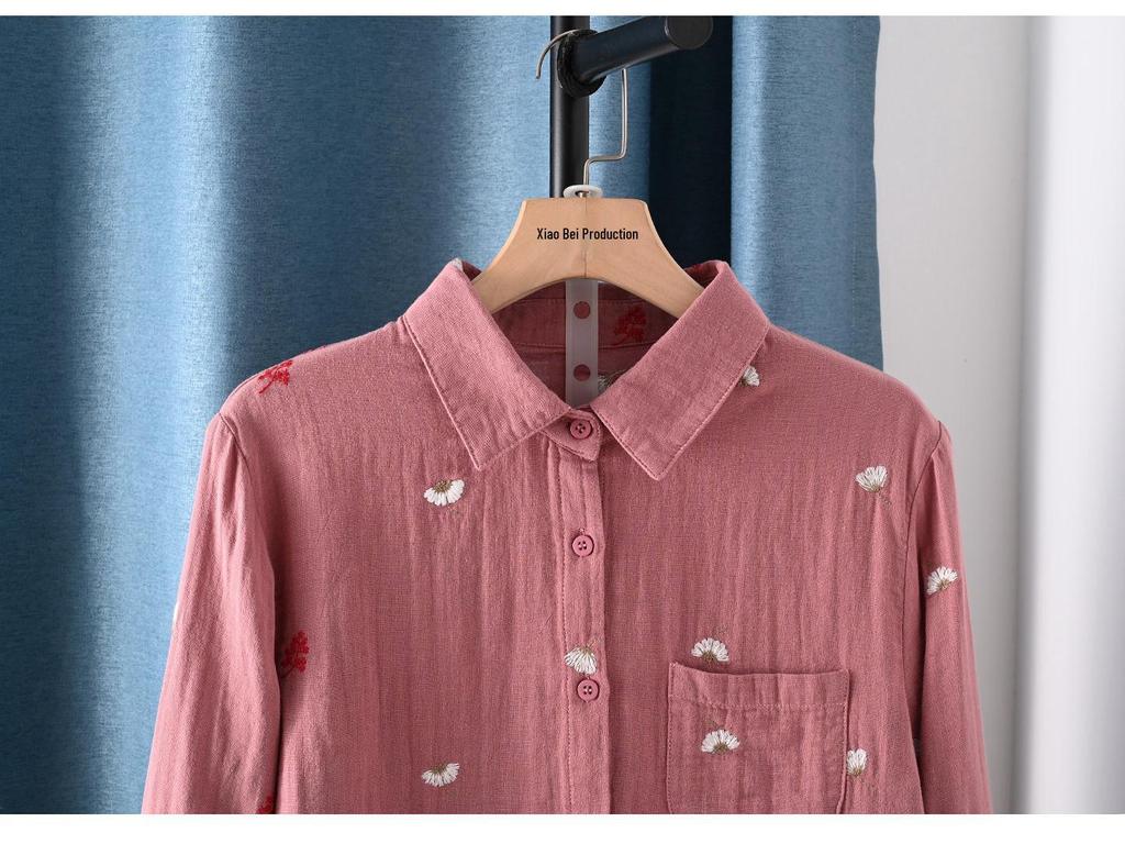 Double-Layer Gauze Floral Embroidered Long-Sleeve Autumn Shirt for Women