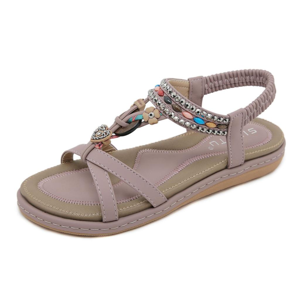 New Summer 2025 Spring and Summer Rhinestone Casual Seaside Beach Flat Sandals Women's Comfortable Versatile SKT