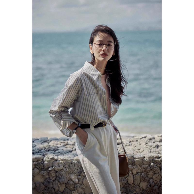 Women Gray Blue Loose Striped Long Sleeve Office Commute Shirt