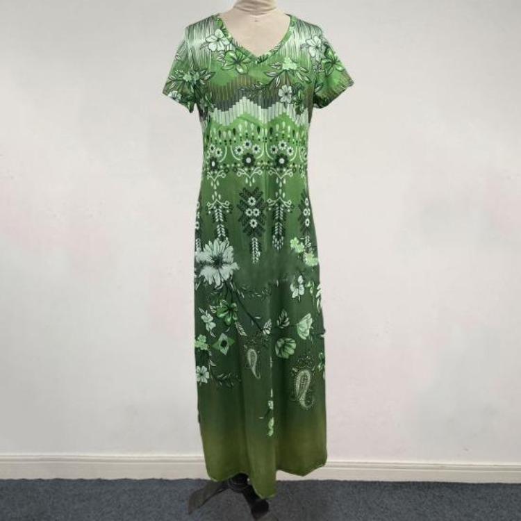 Summer Women Dress Retro Ethnic Style V Neck Short Sleeves Loose A-line Colorful Print Soft Beach Vacation Maxi Dress Ankle Length Side Split