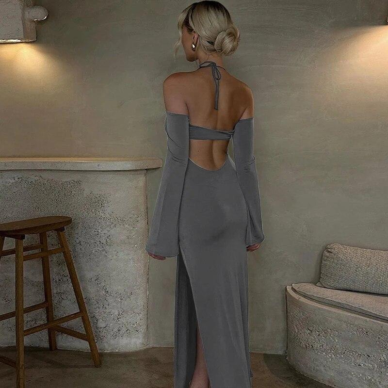 Halter Collar Solid Elegant Backless Dress Women Lace Up Slit Sexy Slim Maxi Dress Female Off Shoulder Y2k Festival Party Club Clothes