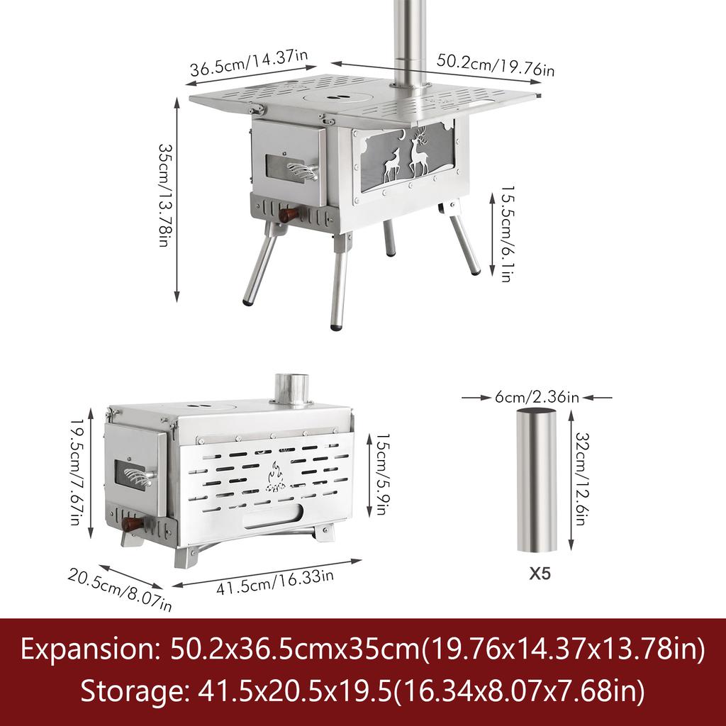Hot Tent Stove with Stainless Steel Construction Wood Burning Tent Stove Chimney Pipes Included for Outdoor Cooking & Heating