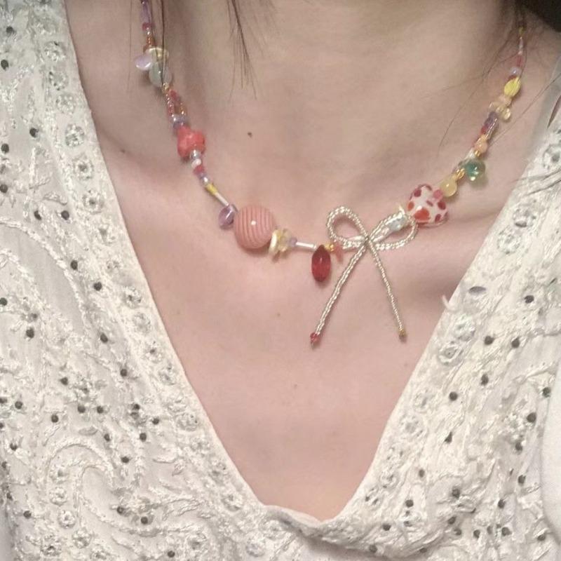 Cute Sweet Girl Colored Beaded Love Candy Necklace Female Dopamine Neck Chain Spice Girl Collarbone Chain Accessories