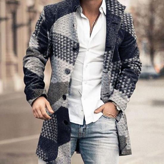 Men Overcoat Plaid Single-breasted Turndown Collar Long Sleeves Slim Mid-length Jacket Coat Streetwear