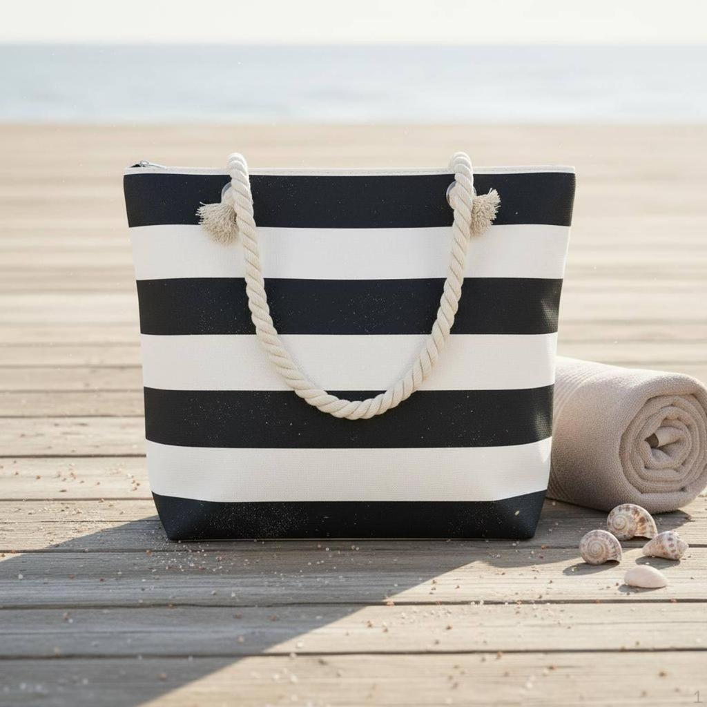 Striped Canvas Seaside Tote Inner Zipper Pocket Bag Lightweight Nautical Design