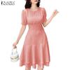 Women Casual Zanzea Round Neck Plaid Print Summer Short Sleeve Dress
