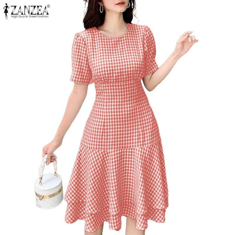Women Casual Zanzea Round Neck Plaid Print Summer Short Sleeve Dress